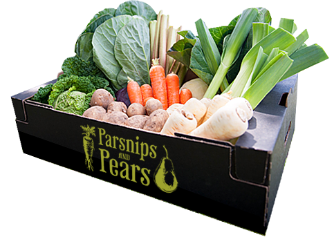 A large vegetable box, filled with fresh, British produce